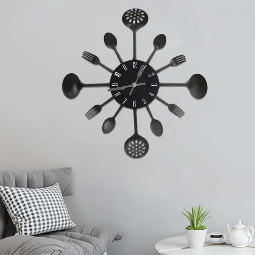 Reloj de Pared Diseño Cuchara y Tenedor Negro 40 cm Aluminio