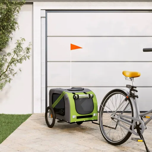 Remolque de Bicicleta Mascotas Hierro Tela Oxford Verde Gris