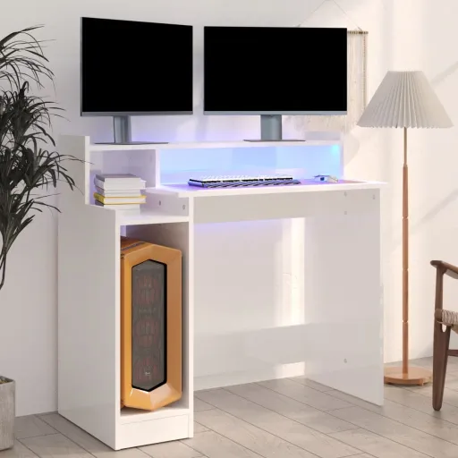 Escritorio LED Madera Contrachapada Blanco Brillo 97x45x90 cm