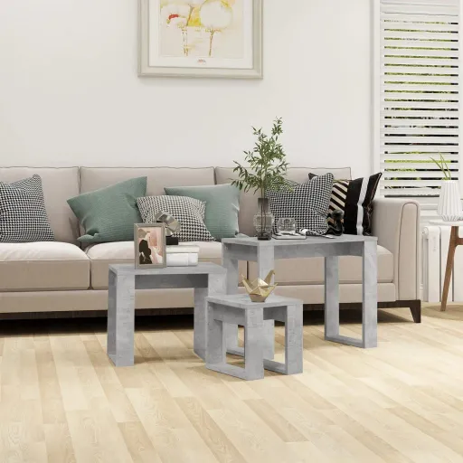 Mesas Apilables 3 Piezas Madera Contrachapada Gris Hormigón