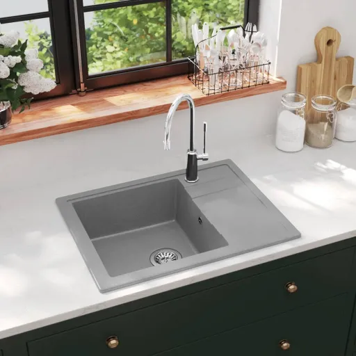 Fregadero de Cocina Con Rebosadero Ovalado Granito Gris