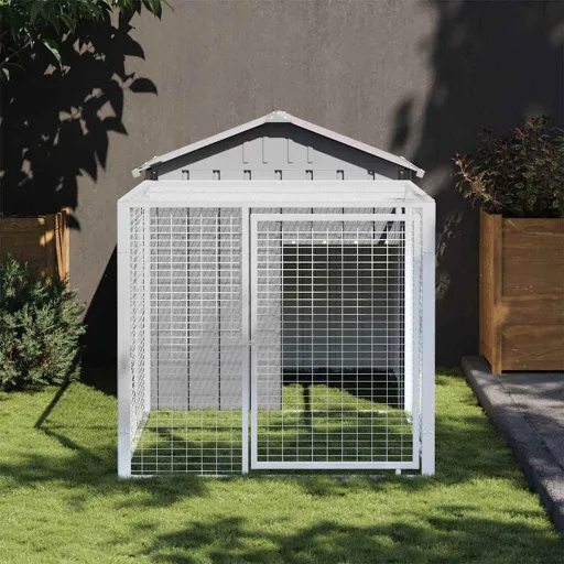 Jaula Para Gallinas Con Corral, Gris Claro, 117 x 201 x 123 cm, Acero Galvanizado