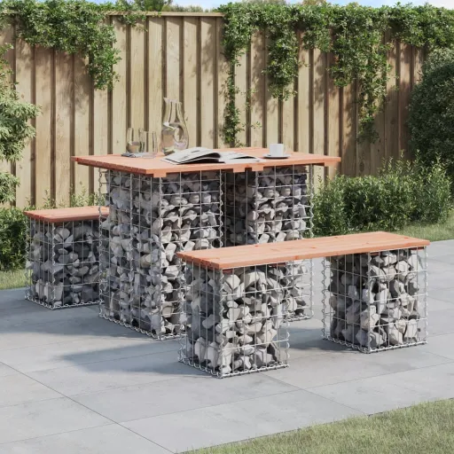 Mesa de Jardín Con Diseño de Gaviones, 100 x 70 x 72 cm, Madera Maciza Douglas