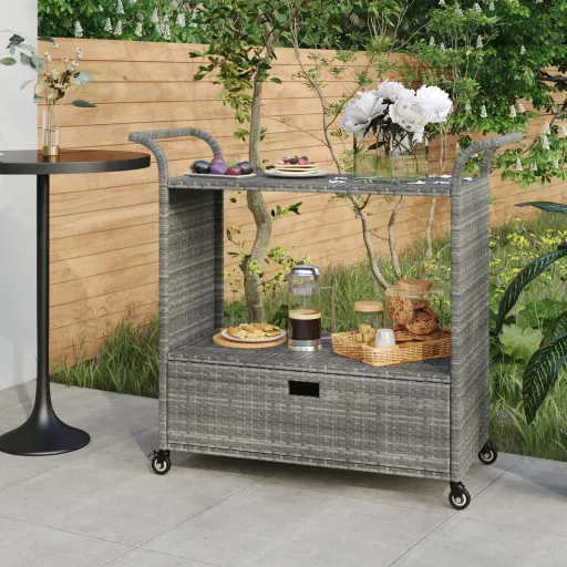 Carrito de Bar Con Cajón Ratán Sintético Gris 100x45x97 cm