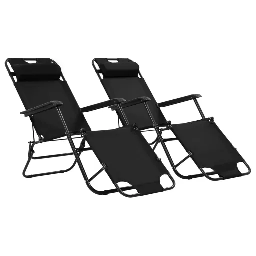 Tumbonas Plegables Con Reposapiés 2 Unidades Acero Negro