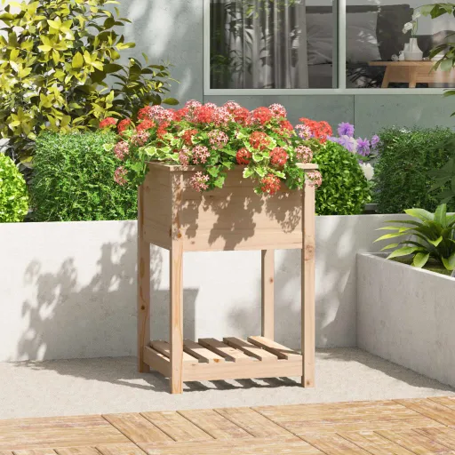 Jardinera Con Estante de Madera Maciza de Pino 54x54x81 cm