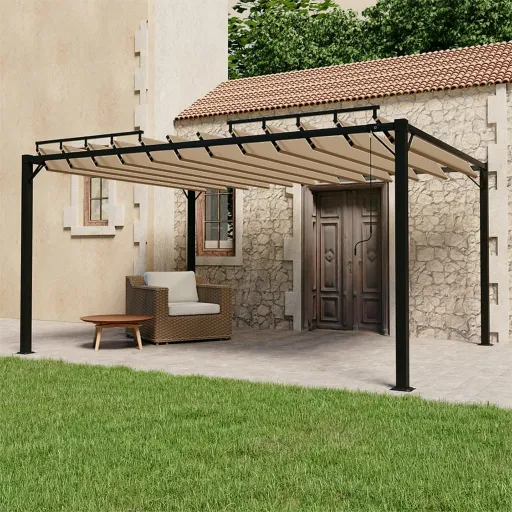 Cenador Con Techo de Lamas Tela Taupé y Aluminio 3x4 m