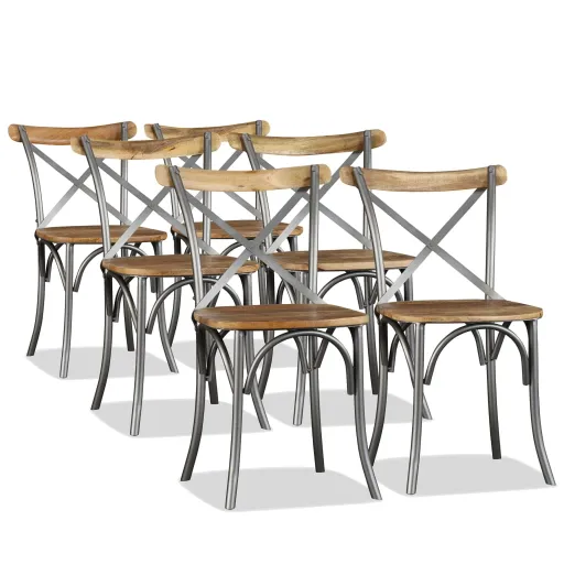 Sillas de Comedor 6 Uds Madera de Mango Respaldo Acero Cruzado