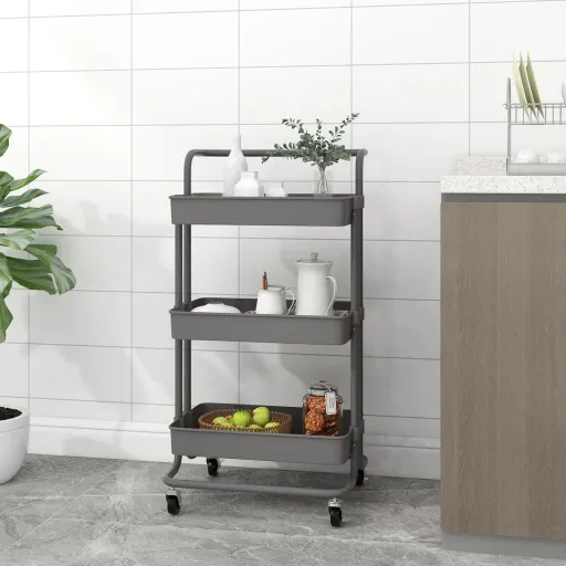 Carrito de Cocina 3 Niveles Hierro y ABS Gris 42x35x85 cm