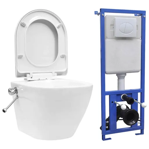 Inodoro WC de Pared Sin Bordes Cisterna Oculta Cerámica Blanco