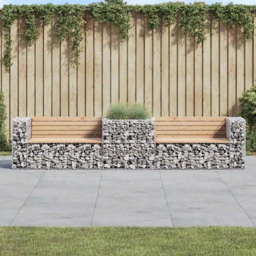 Banco de Jardín Con Cesta de Gaviones Madera Maciza de Pino