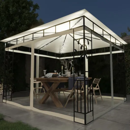 Cenador Con Mosquitera y Tira de Luces LED Crema 3x3x2,73m