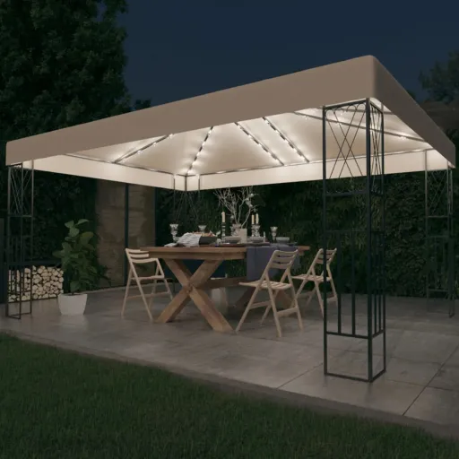 Cenador Con Tira de Luces LED 3x4 m Tela Color Crema