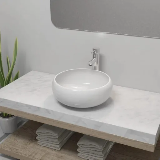 Lavabo de Baño Redondo Con Grifo Mezclador Cerámica Blanco