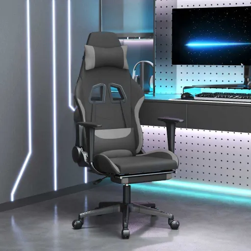 Silla Gaming de Masaje Con Reposapiés Tela Negro y Gris Claro