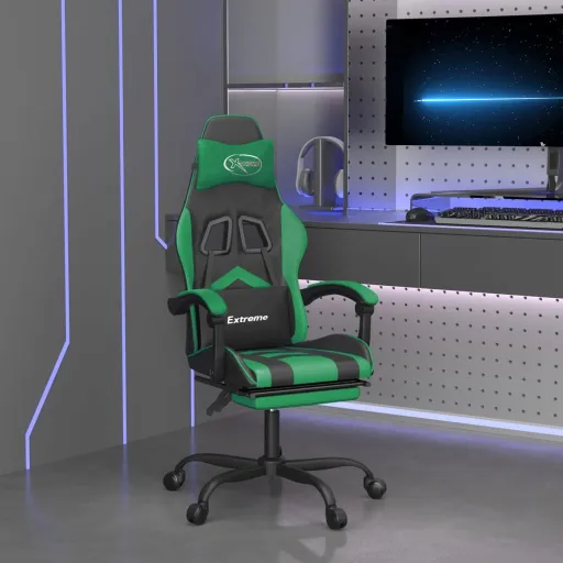 Silla Gaming Giratoria y Reposapiés Cuero Sintético Negro Verde