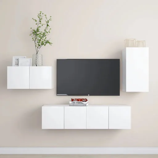 Set de Muebles de Salón TV 4 Piezas Madera de Ingeniería Blanco