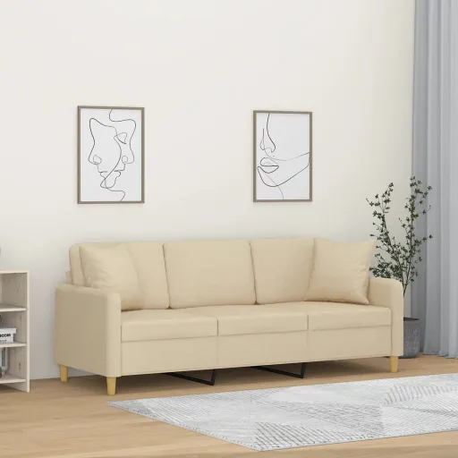 Sofá de 3 Plazas Con Cojines Tela Color Crema 180 cm