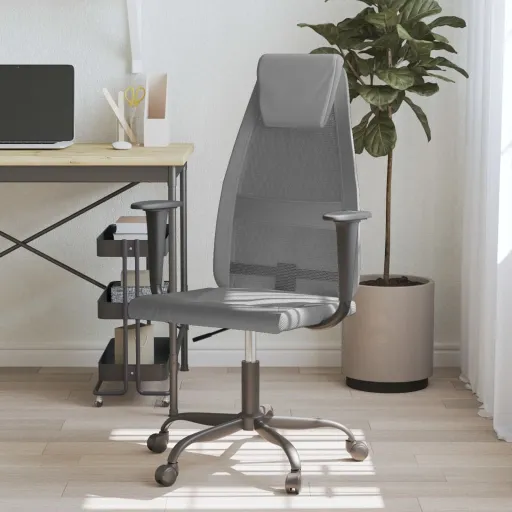 Silla de Oficina Altura Ajustable Tela Malla y Cuero PE Gris