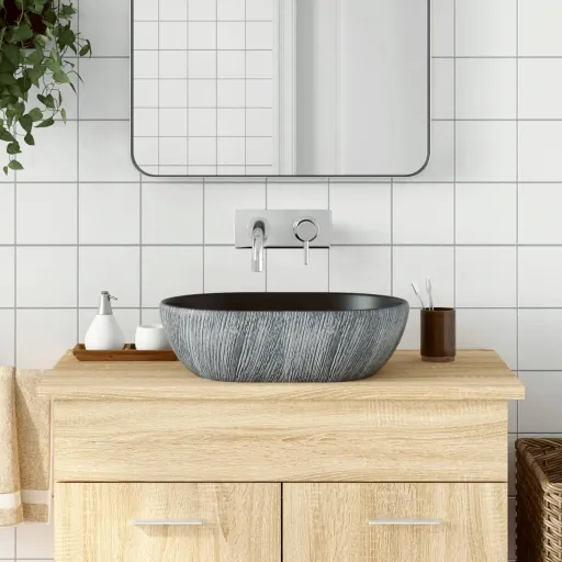 Lavabo Sobre Encimera Ovalado Cerámica Negro y Gris 47x33x13 cm