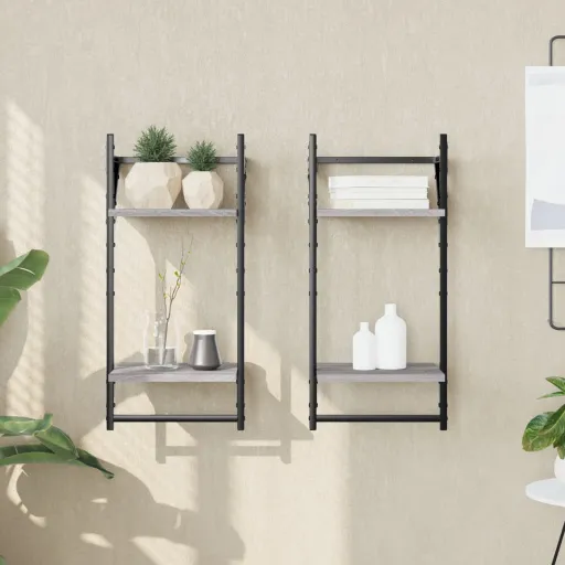 Estantes Pared 2 Niveles Barras 2 Uds Gris Sonoma 30x25x65 cm