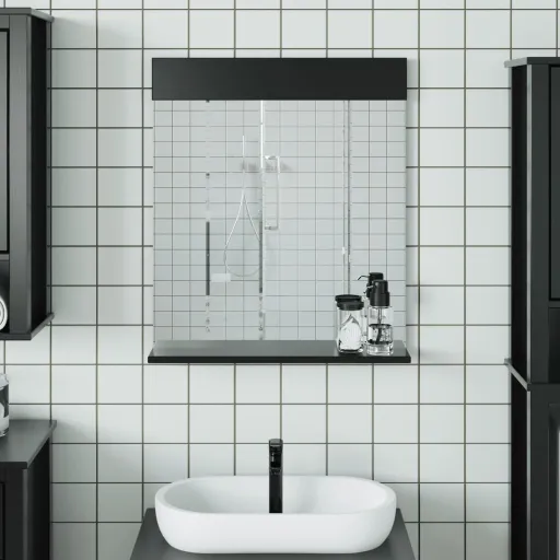 Espejo de Baño Con Estante BERG Madera Maciza Negro 60x12x70cm