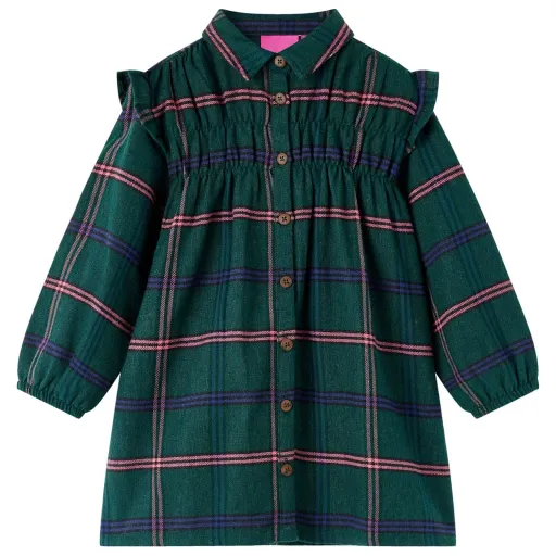 Vestido Infantil de Manga Larga y Volantes Verde Oscuro 140