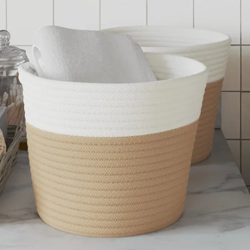 Cestas de Almacenaje 2 Uds Algodón Beige y Blanco Ø24x18 cm