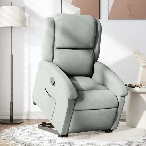 Sillón Reclinable Elevable Terciopelo Gris Claro