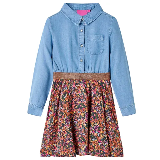 Vestido Infantil de Manga Larga Azul Marino y Vaquero 116