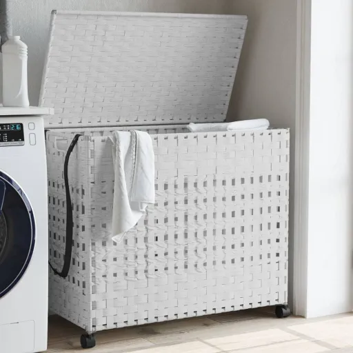 Cesto Para Ropa Sucia Con Ruedas Ratán Blanco 66x35x60 cm