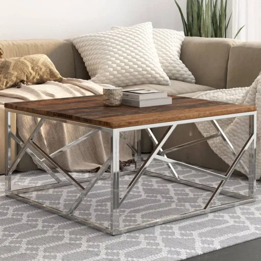 Mesa de Centro de Acero Inoxidable Plateado y Madera Maciza