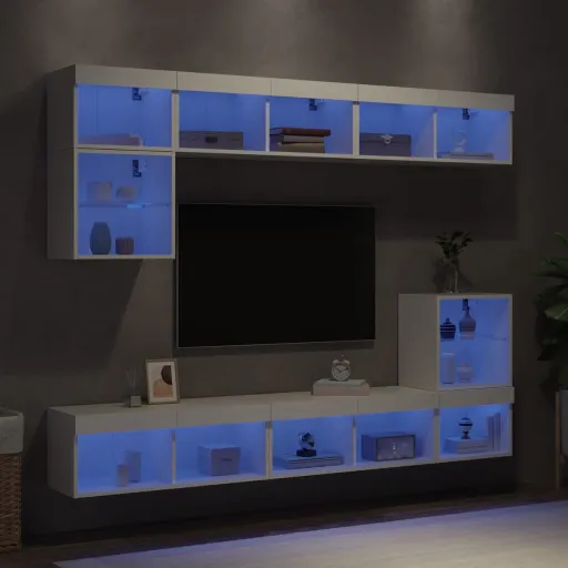 Muebles de TV de Pared Con LED 8 Pzas Madera Ingeniería Blanco