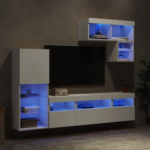 Muebles de TV de Pared Con LED 6 Pzas Madera Ingeniería Blanco