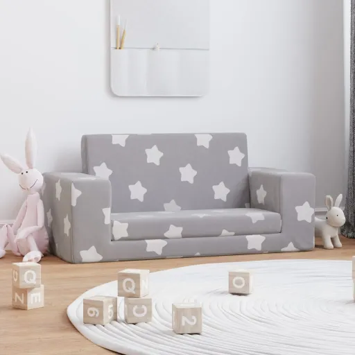 Sofá de Niños de 2 Plazas Felpa Suave Gris Claro Con Estrellas