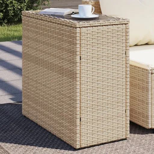 Mesa Auxiliar Jardín Tapa Vidrio Ratán PE Beige 58x27,5x55 cm