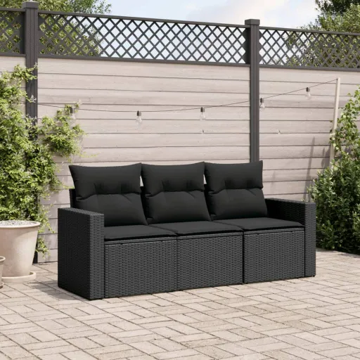 Set de Sofás de Jardín Con Cojines 3 Pzas Ratán Sintético Negro