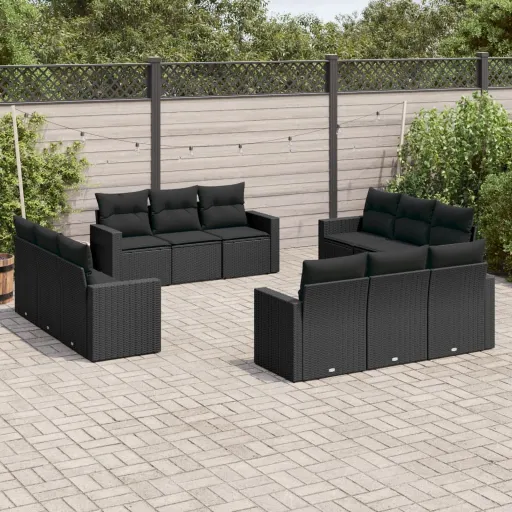 Set de Sofás de Jardín 12 Piezas Cojines Ratán Sintético Negro