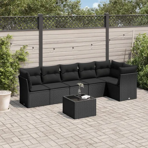 Set de Comedor de Jardín 7 Pzas y Cojines Ratán Sintético Negro