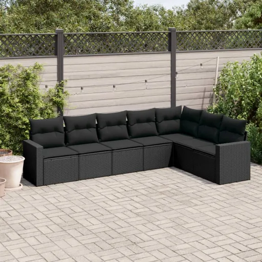 Set de Comedor de Jardín 7 Pzas y Cojines Ratán Sintético Negro