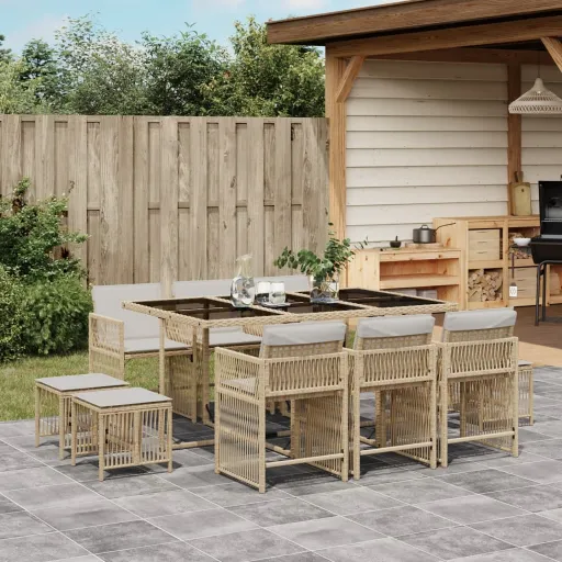 Set Comedor de Jardín 11 Pzas Con Cojines Ratán Sintético Beige
