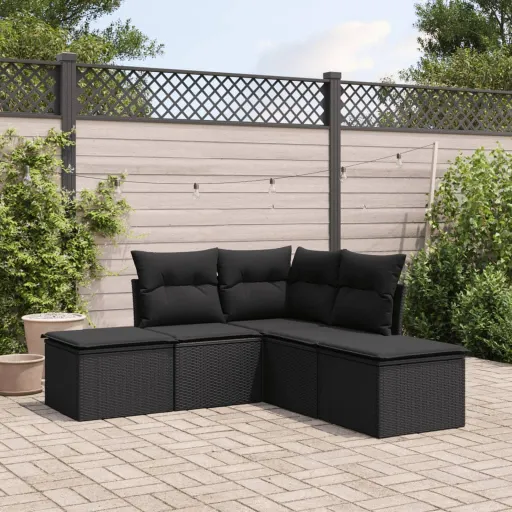 Set de Muebles de Jardín 5 Pzas y Cojines Ratán Sintético Negro