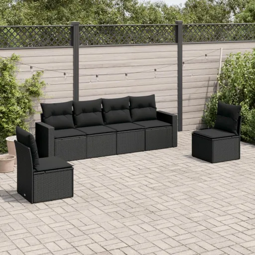 Set de Sofás de Jardín 6 Piezas y Cojines Ratán Sintético Negro