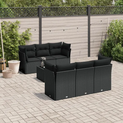 Set de Comedor de Jardín 7 Pzas y Cojines Ratán Sintético Negro