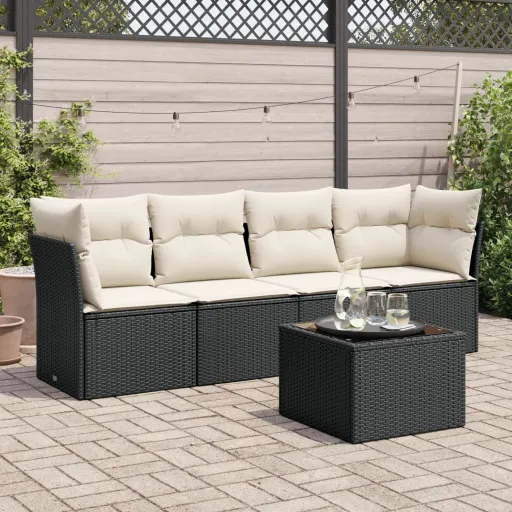 Set de Muebles de Jardín 5 Pzas y Cojines Ratán Sintético Negro