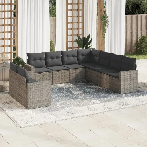 Set de Muebles de Jardín 9 Pzas y Cojines Ratán Sintético Gris