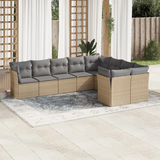Set de Sofás de Jardín 9 Pzas Con Cojines Ratán Sintético Beige