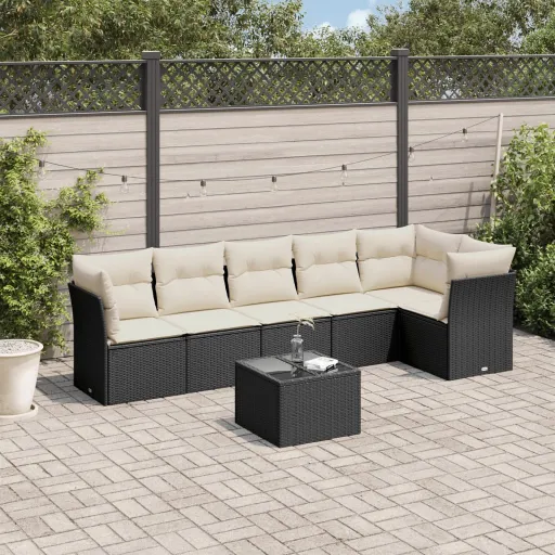 Set de Comedor de Jardín 7 Pzas y Cojines Ratán Sintético Negro
