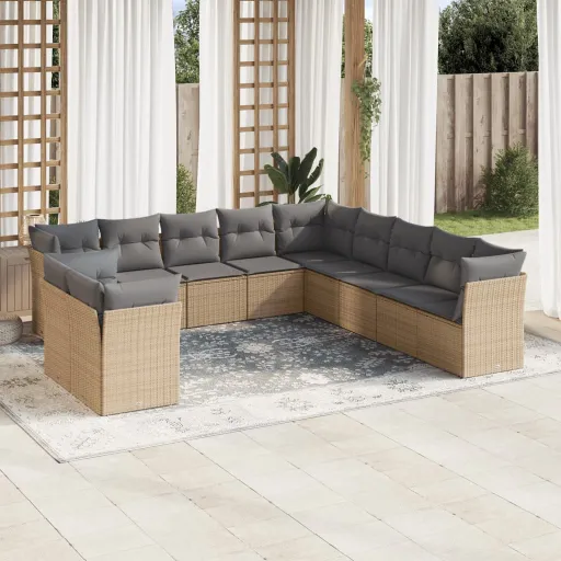 Set de Sofás de Jardín 11pzas Con Cojines Ratán Sintético Beige