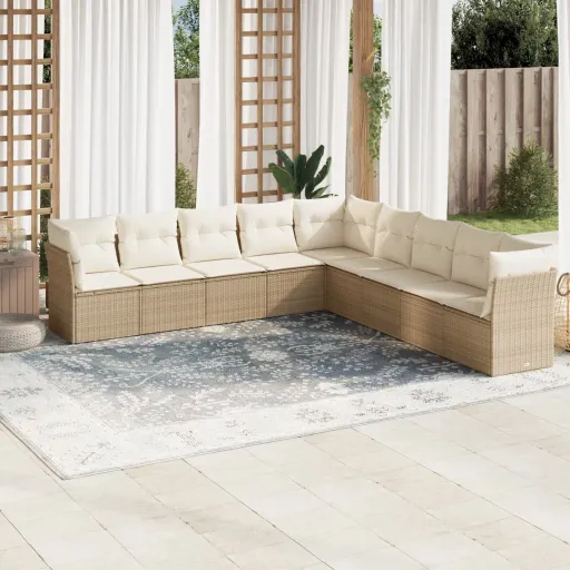Set de Sofás de Jardín 9 Pzas Con Cojines Ratán Sintético Beige